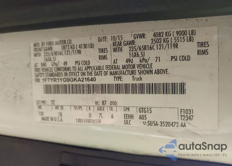 2016 Ford Transit-250 from USA, damaged, VIN 1FTYR1YG9GKA21640